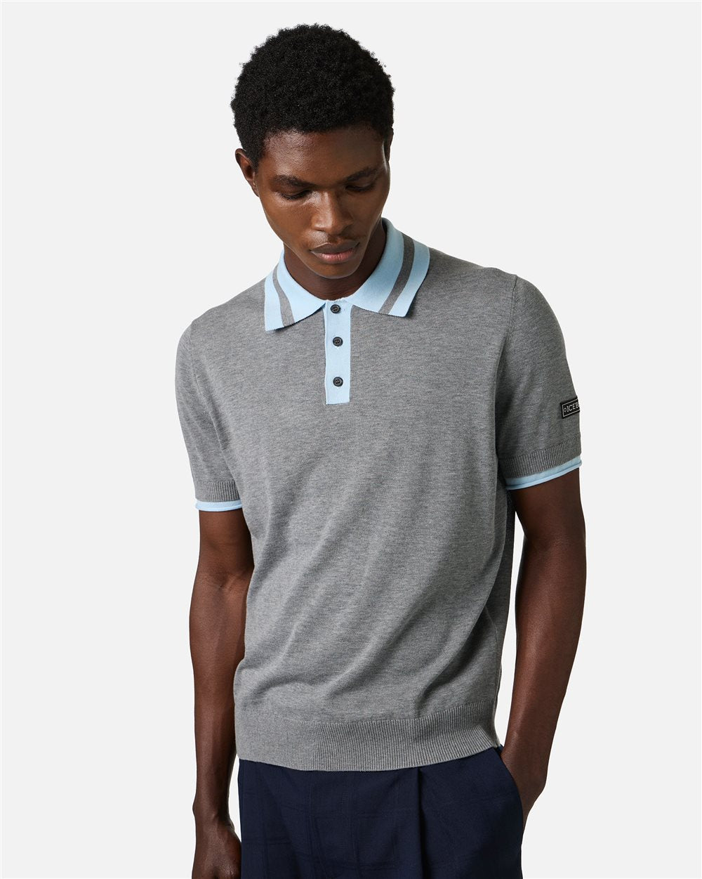 Regular fit light grey melange cotton polo sweater