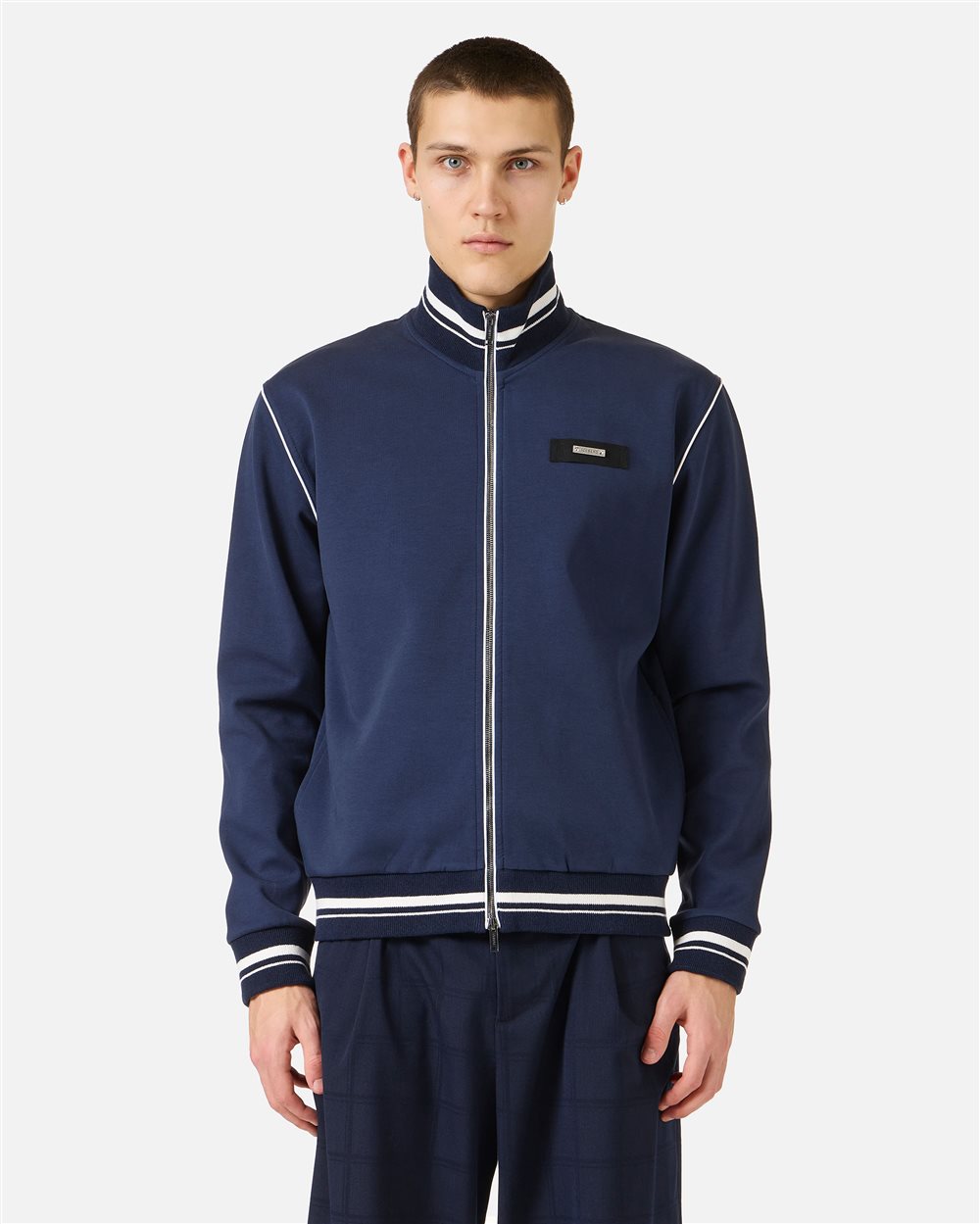 Black slim fit sweatshirt featuring a high collar, crafted from a cotton blend scuba fabric
