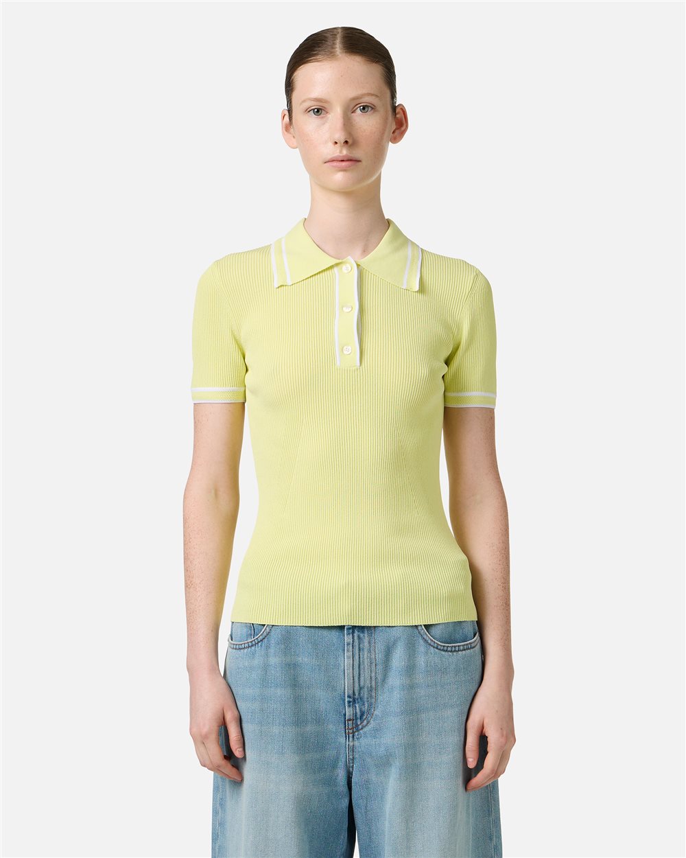 Yellow polo shirt in viscose blend with contrasting stripes