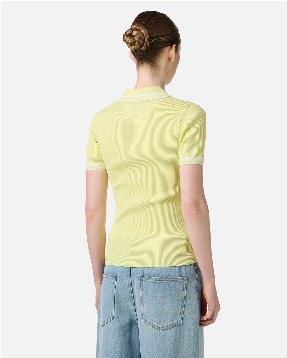 Yellow polo shirt in viscose blend with contrasting stripes