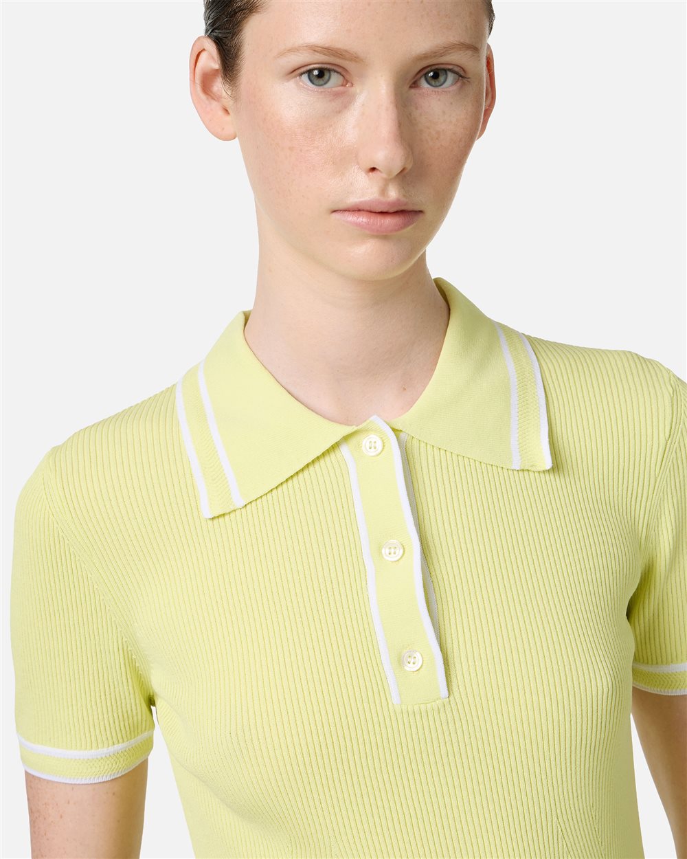 Yellow polo shirt in viscose blend with contrasting stripes