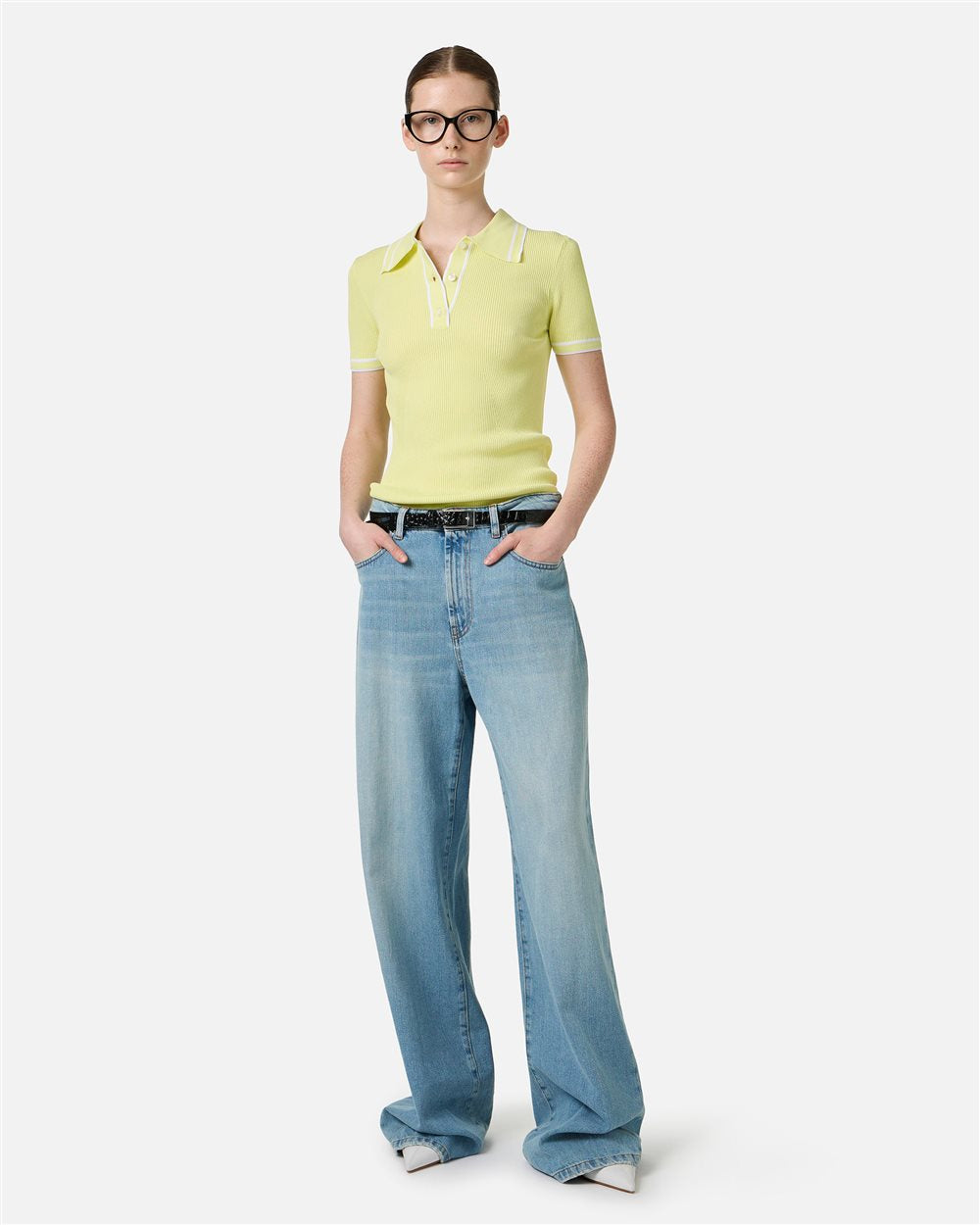 Yellow polo shirt in viscose blend with contrasting stripes