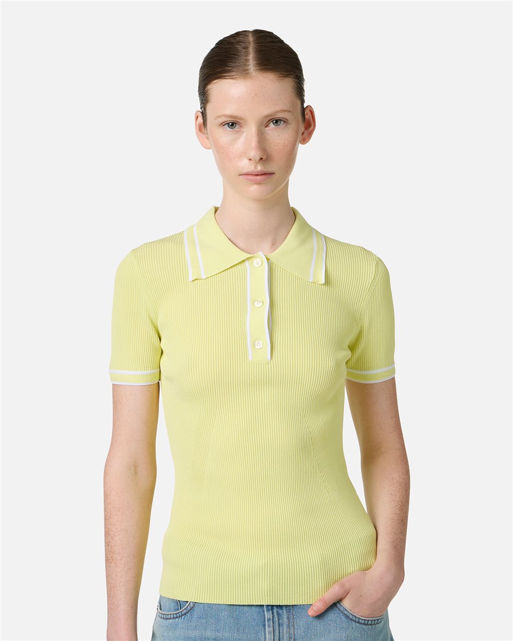 Yellow polo shirt in viscose blend with contrasting stripes