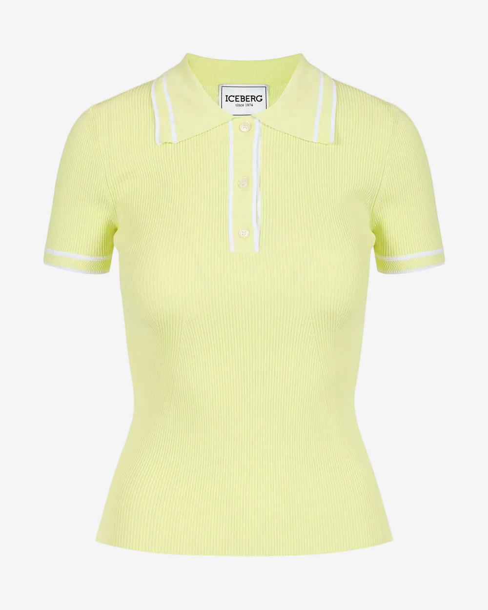 Yellow polo shirt in viscose blend with contrasting stripes