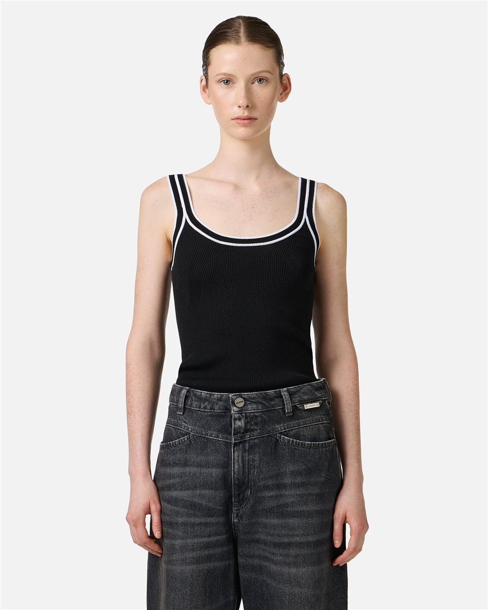 Black ribbed tank top in stretch cotton