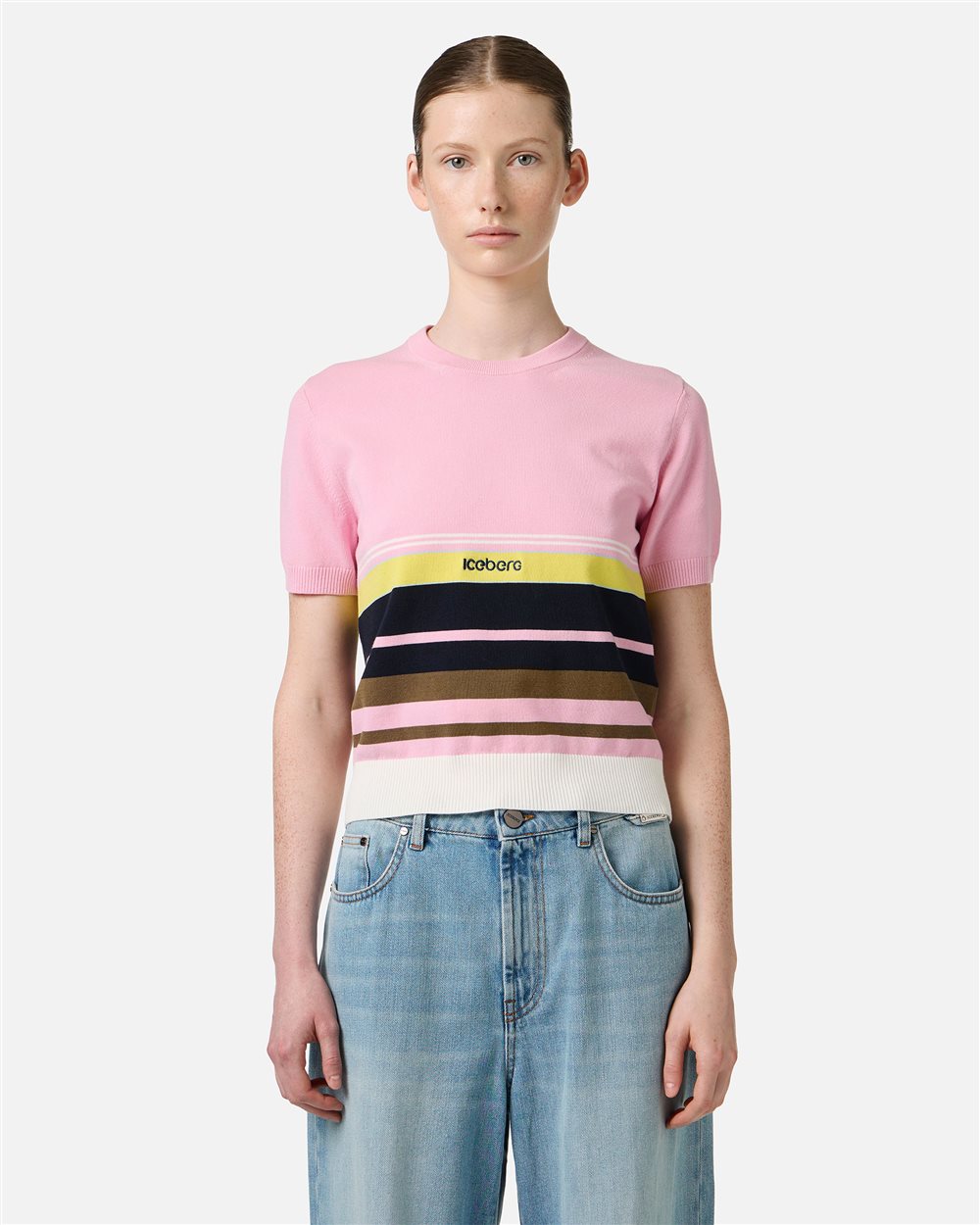 Patterned crew neck T-shirt in stretch cotton