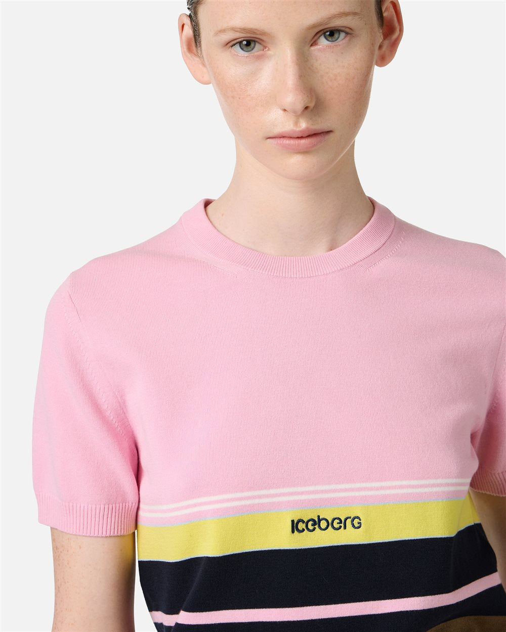 Patterned crew neck T-shirt in stretch cotton