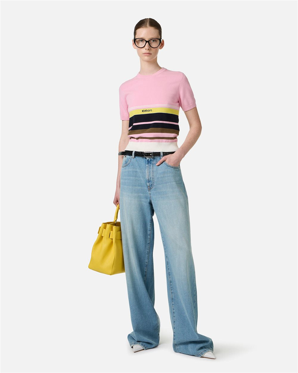 Patterned crew neck T-shirt in stretch cotton