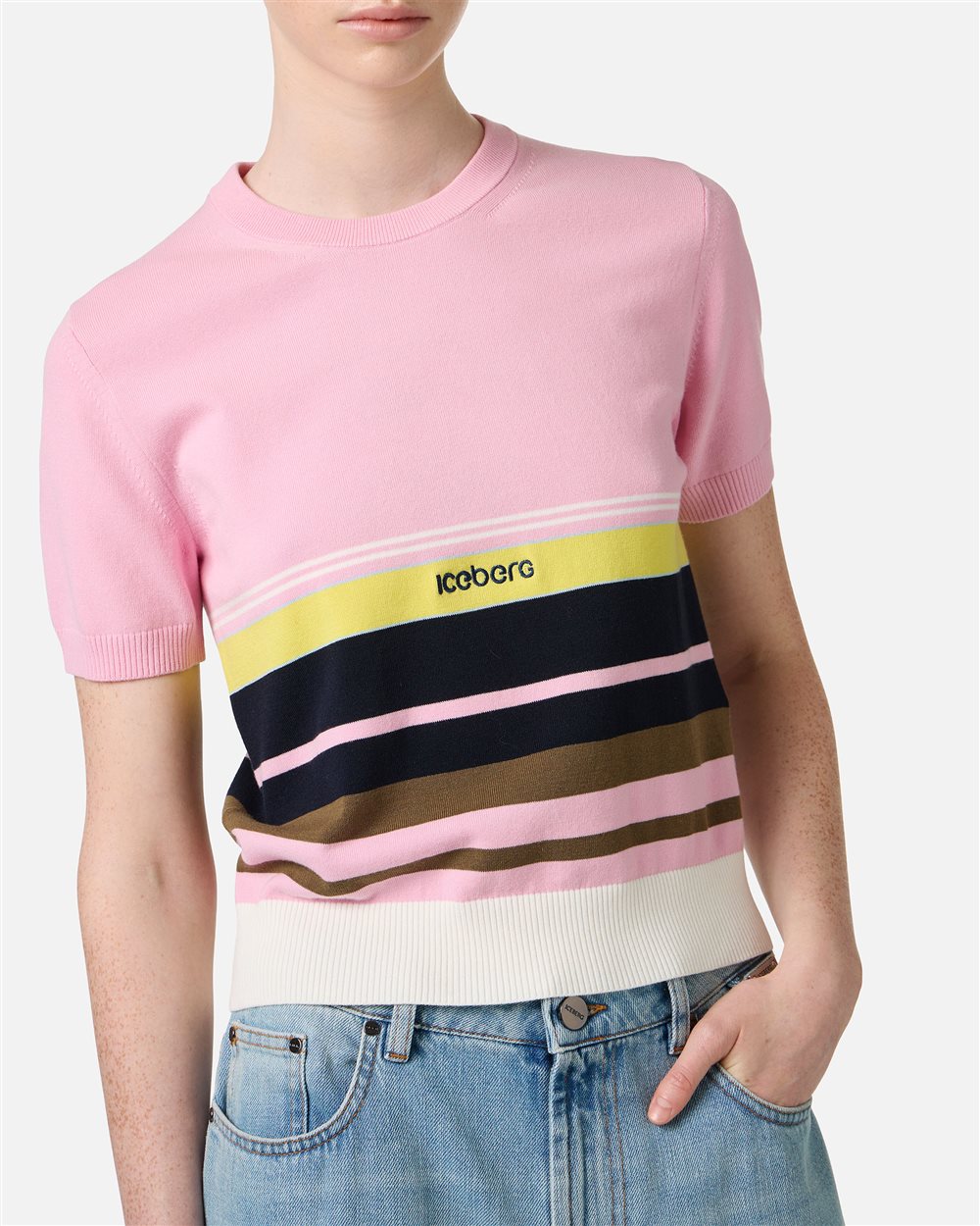 Patterned crew neck T-shirt in stretch cotton