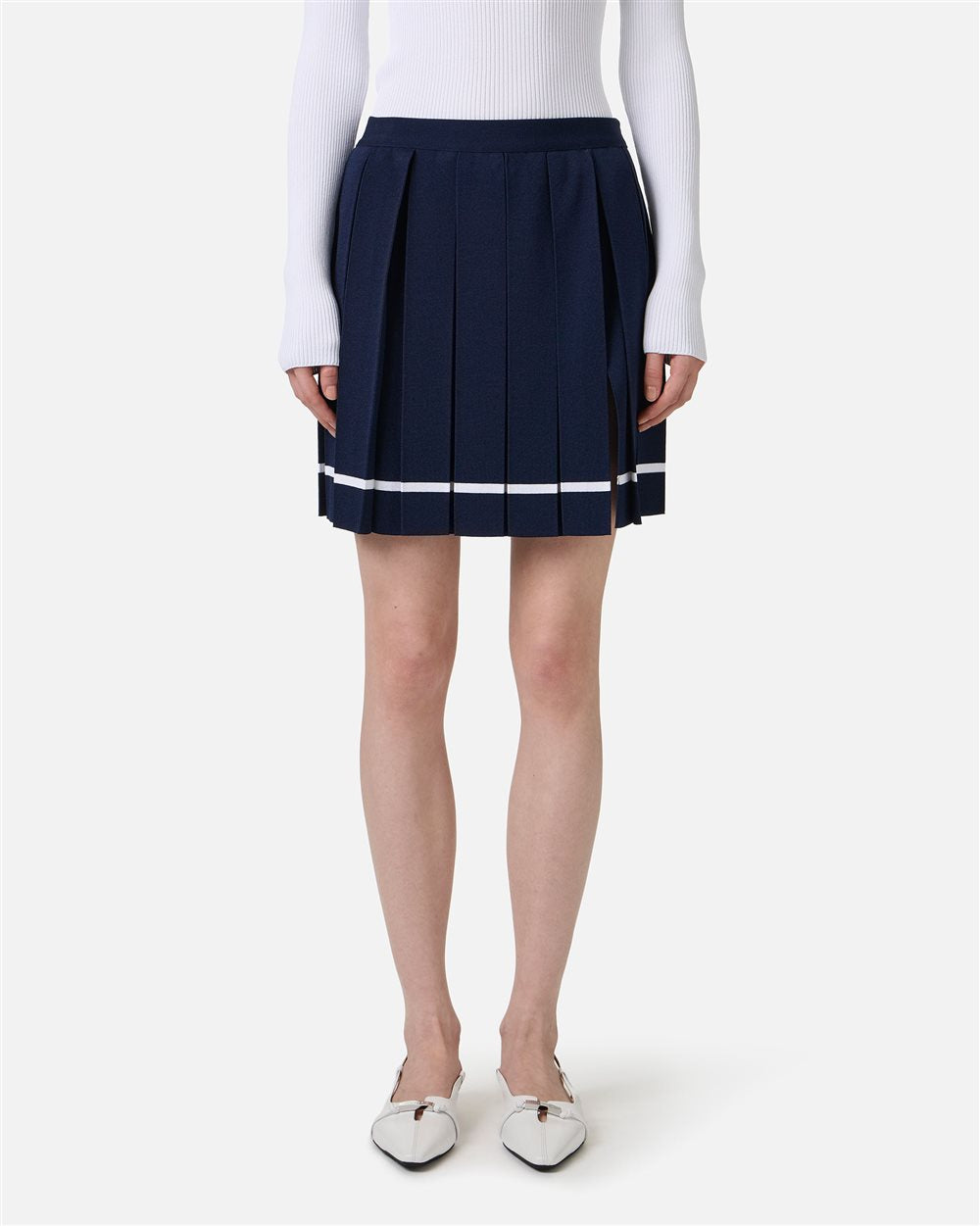 Classic blue mini skirt in viscose blend with slit