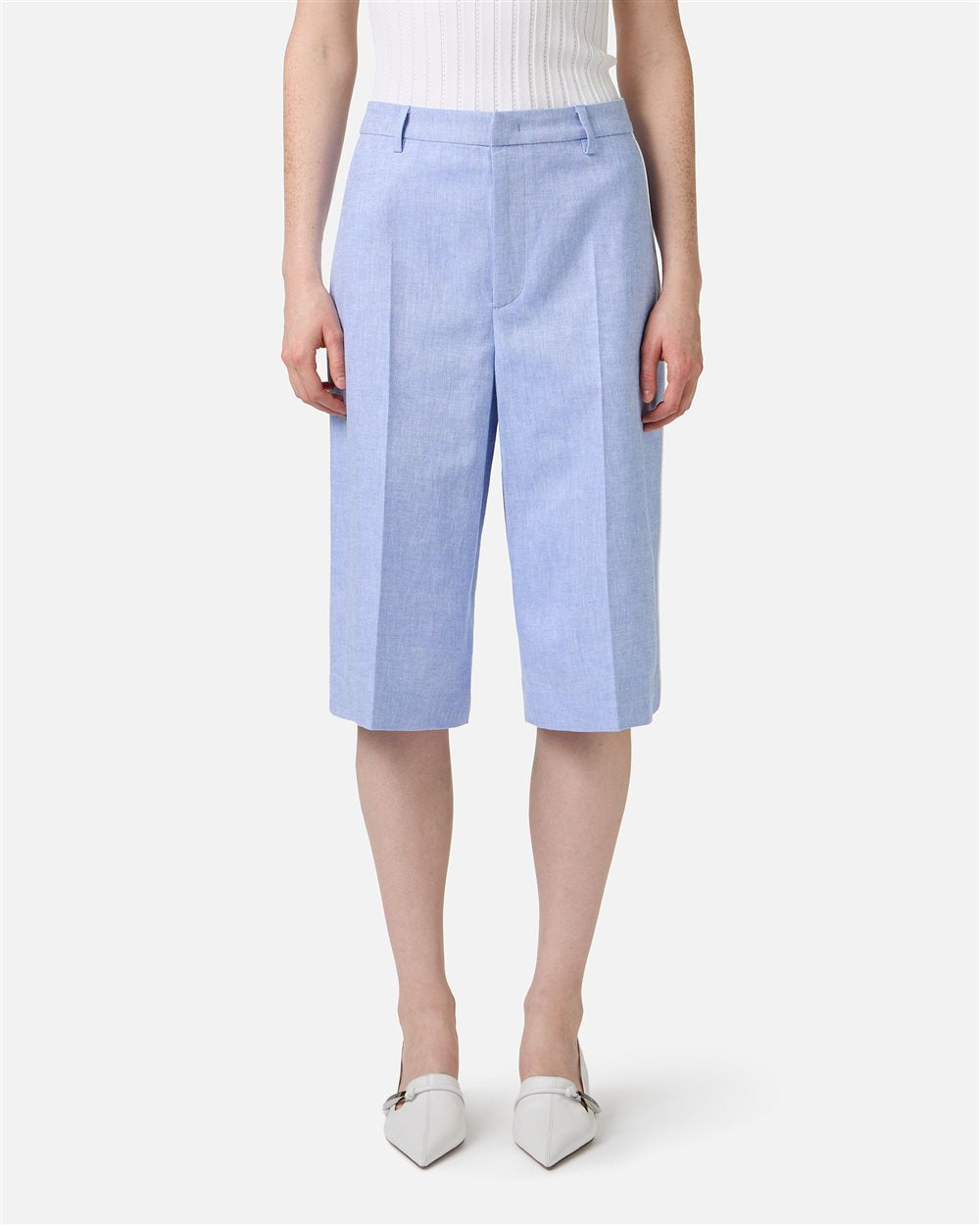 Light blue regular fit Bermuda shorts in diagonal linen-blend fabric
