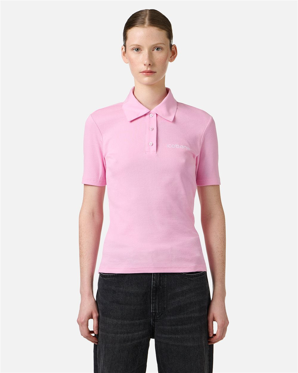 Slim fit pink ribbed jersey polo with Iceberg plaque