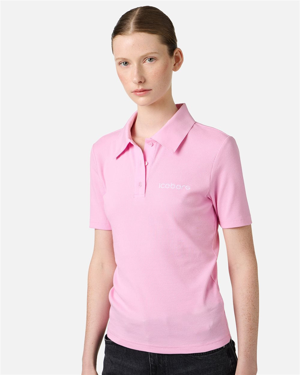 Slim fit pink ribbed jersey polo with Iceberg plaque