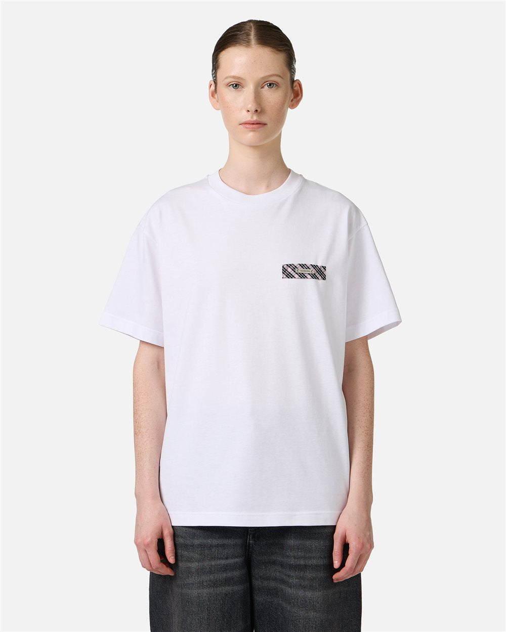 Optic white, regular fit cotton jersey T-shirt with check detail