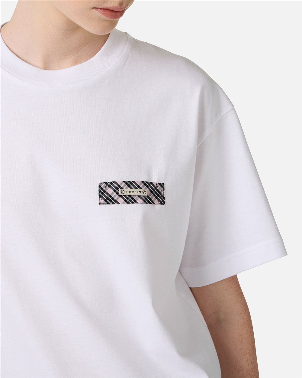 Optic white, regular fit cotton jersey T-shirt with check detail