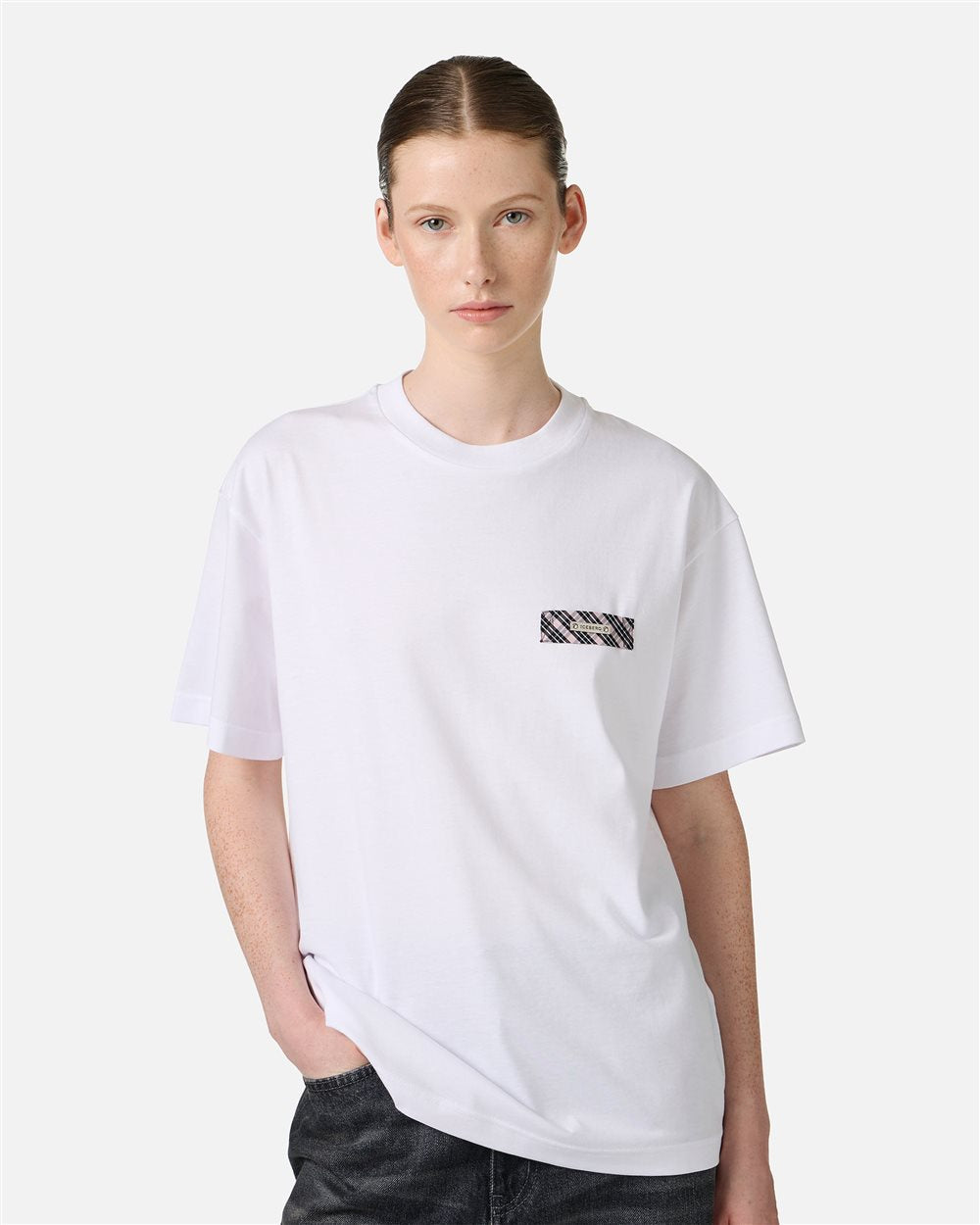 Optic white, regular fit cotton jersey T-shirt with check detail