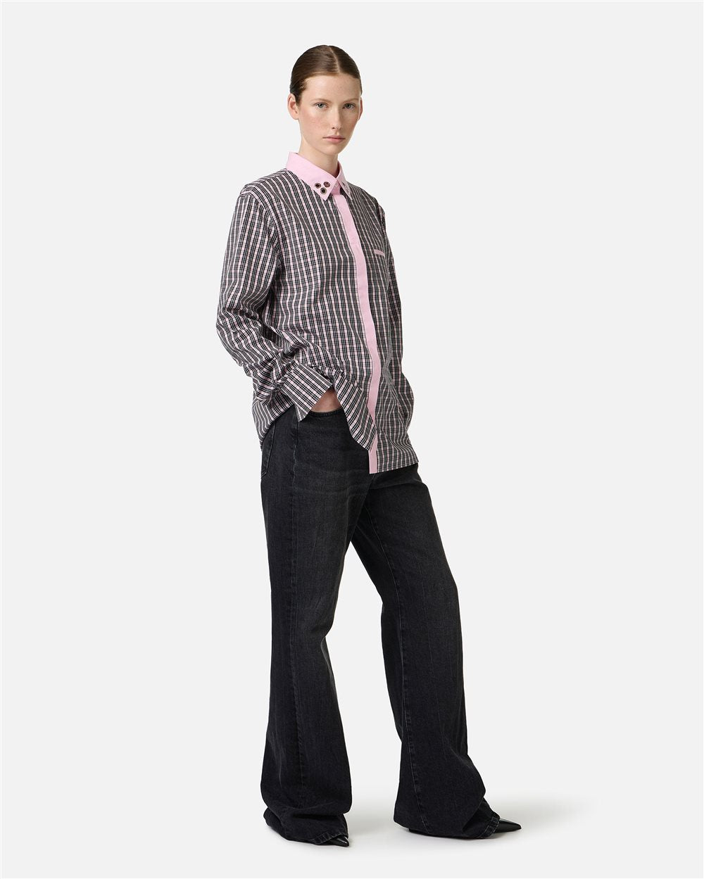 Long-sleeved, comfort fit fuchsia and black check poplin shirt