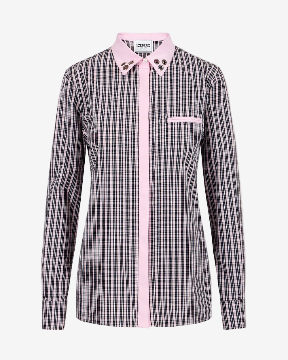 Long-sleeved, comfort fit fuchsia and black check poplin shirt