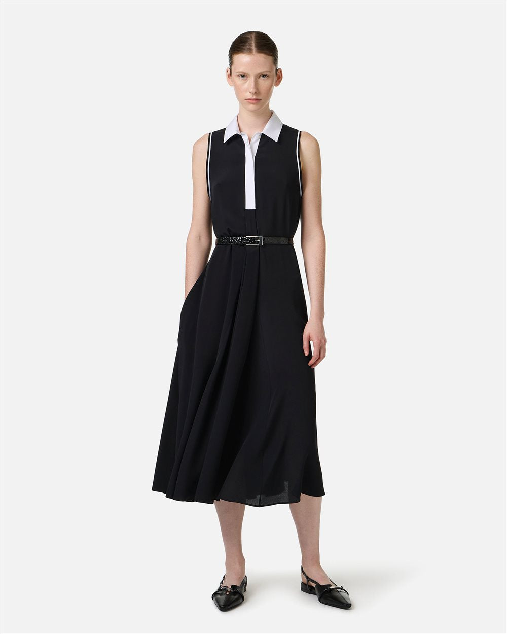 Black, relaxed fit sleeveless dress in silk-blend crepe de chine