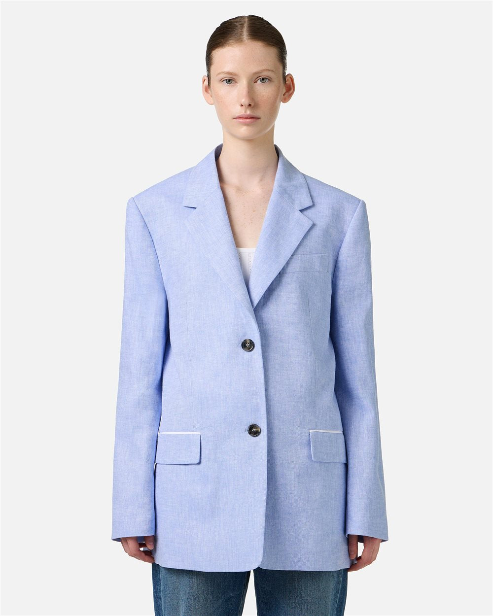 Relaxed fit single-breasted blue jacket in a diagonal linen-blend fabric