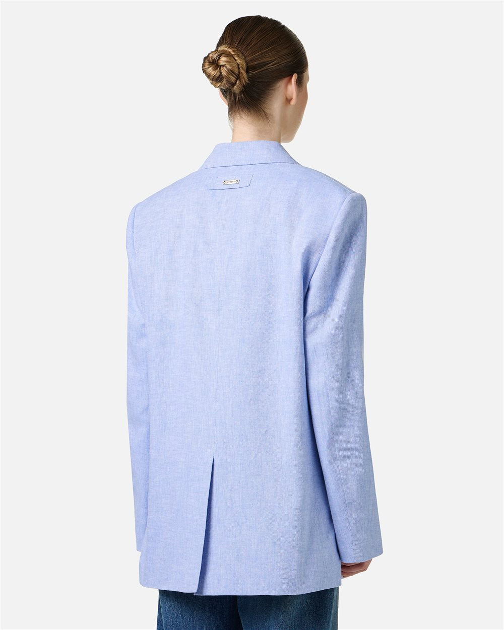 Relaxed fit single-breasted blue jacket in a diagonal linen-blend fabric