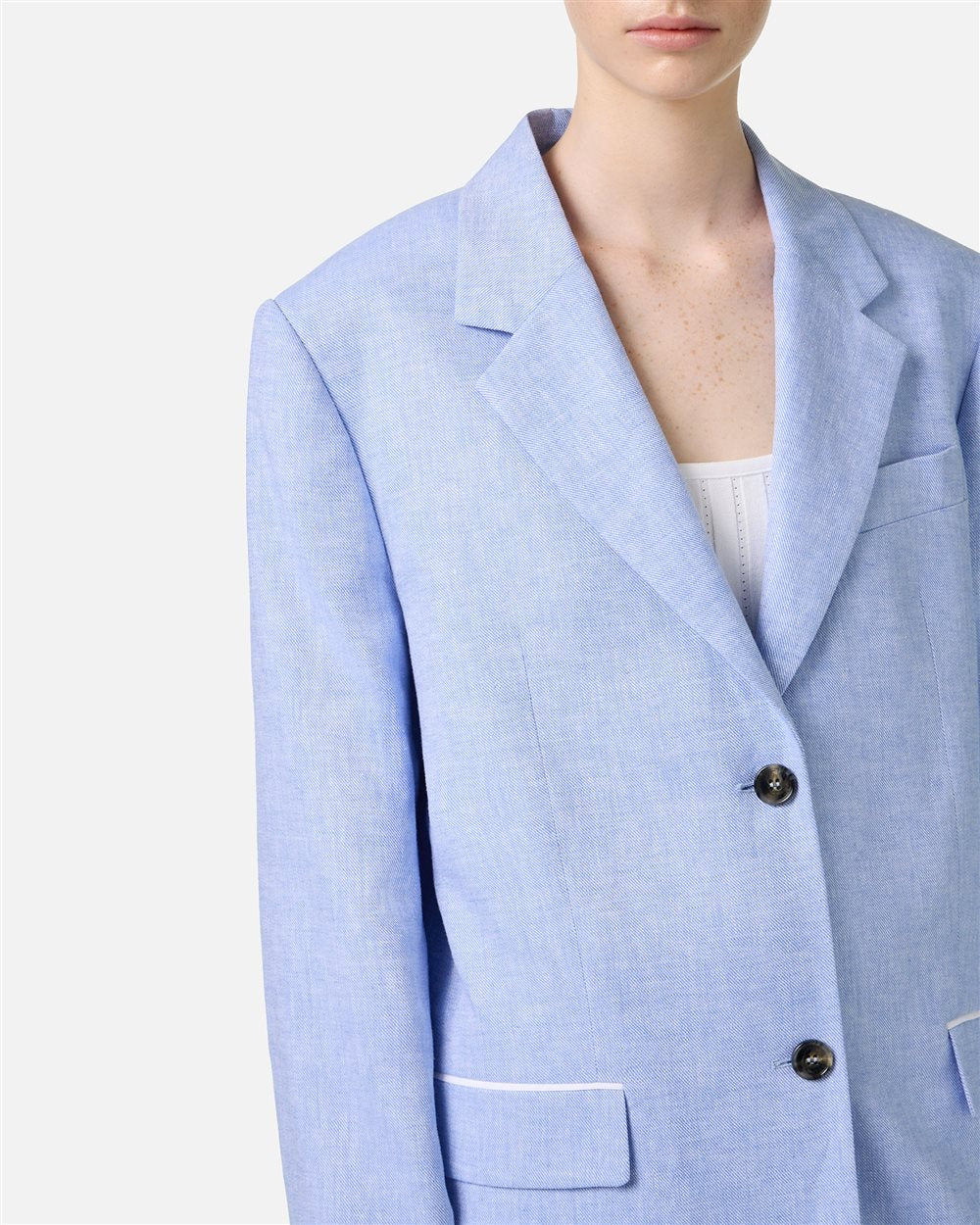 Relaxed fit single-breasted blue jacket in a diagonal linen-blend fabric