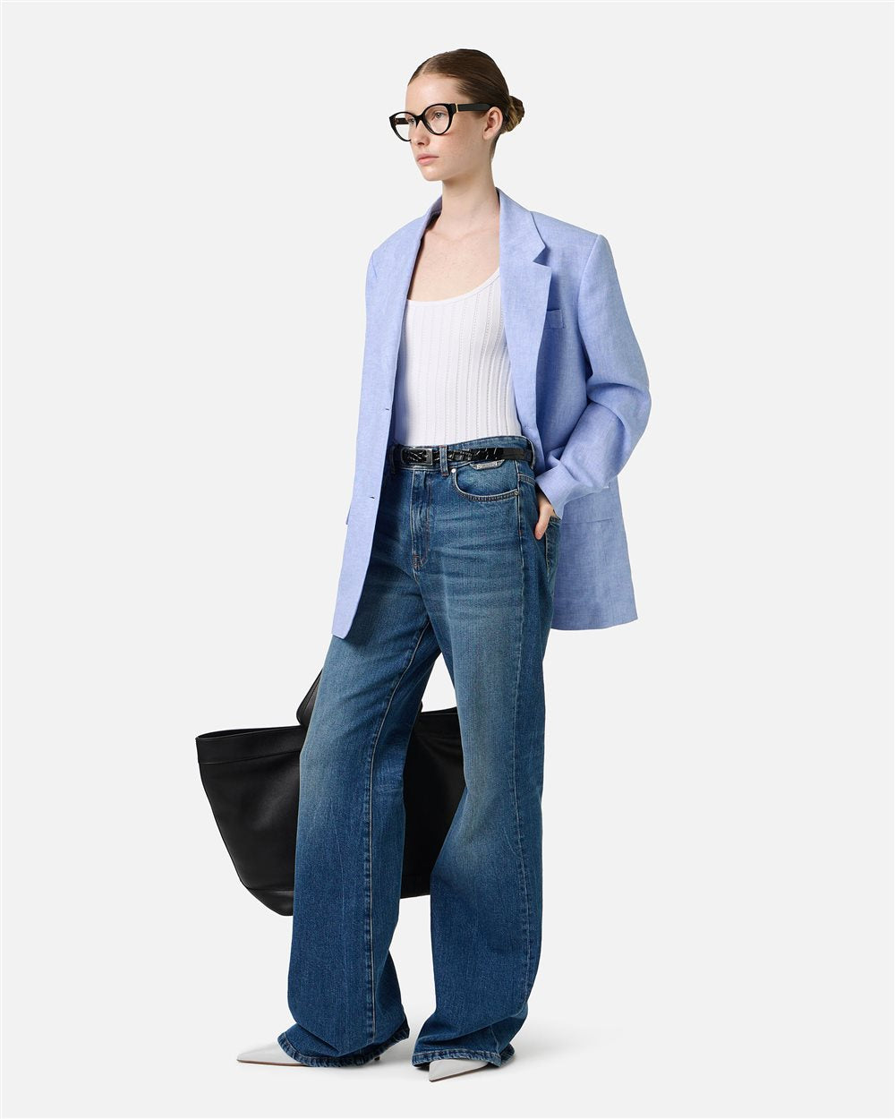Relaxed fit single-breasted blue jacket in a diagonal linen-blend fabric