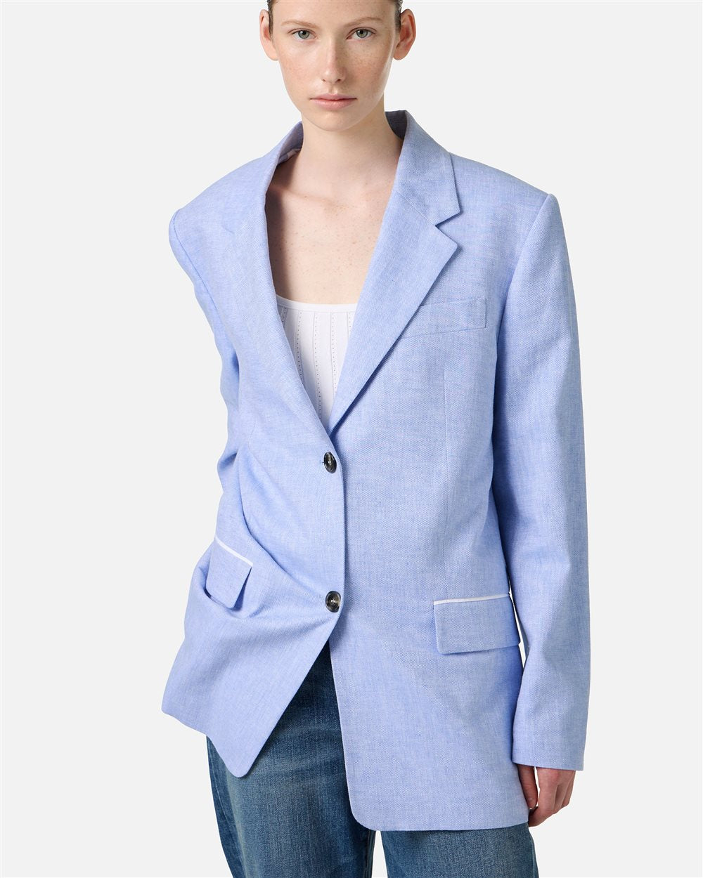 Relaxed fit single-breasted blue jacket in a diagonal linen-blend fabric