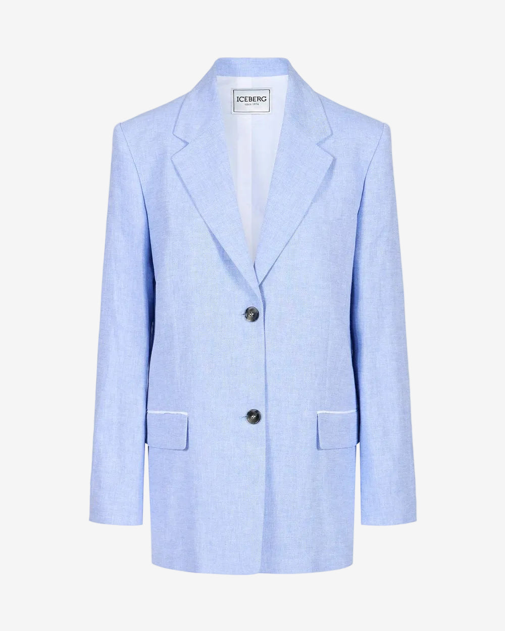 Relaxed fit single-breasted blue jacket in a diagonal linen-blend fabric