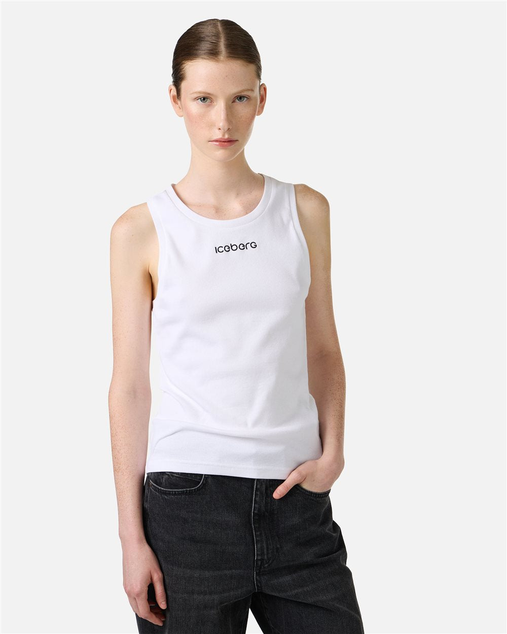Optic white ribbed stretch cotton jersey tank top