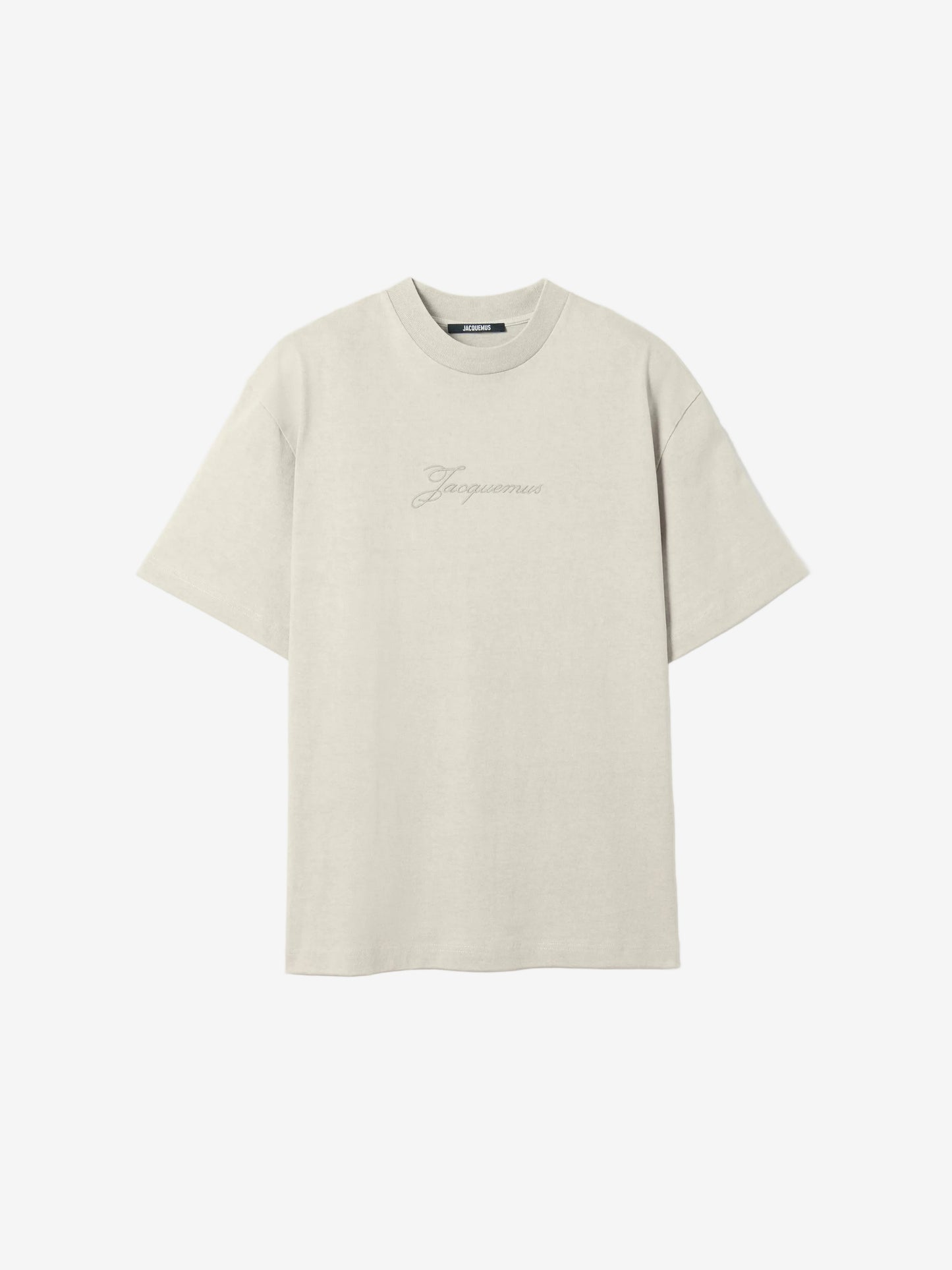 Beige t-shirt with a small logo on a white background