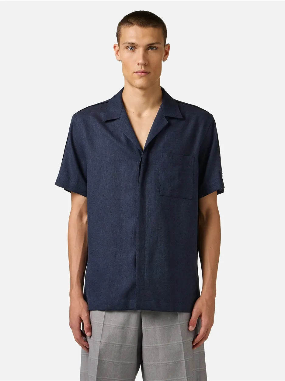ICEBERG Regular Fit Dark Blue Short-Sleeved In A Diagonal Weave Linen-Blend Fabric