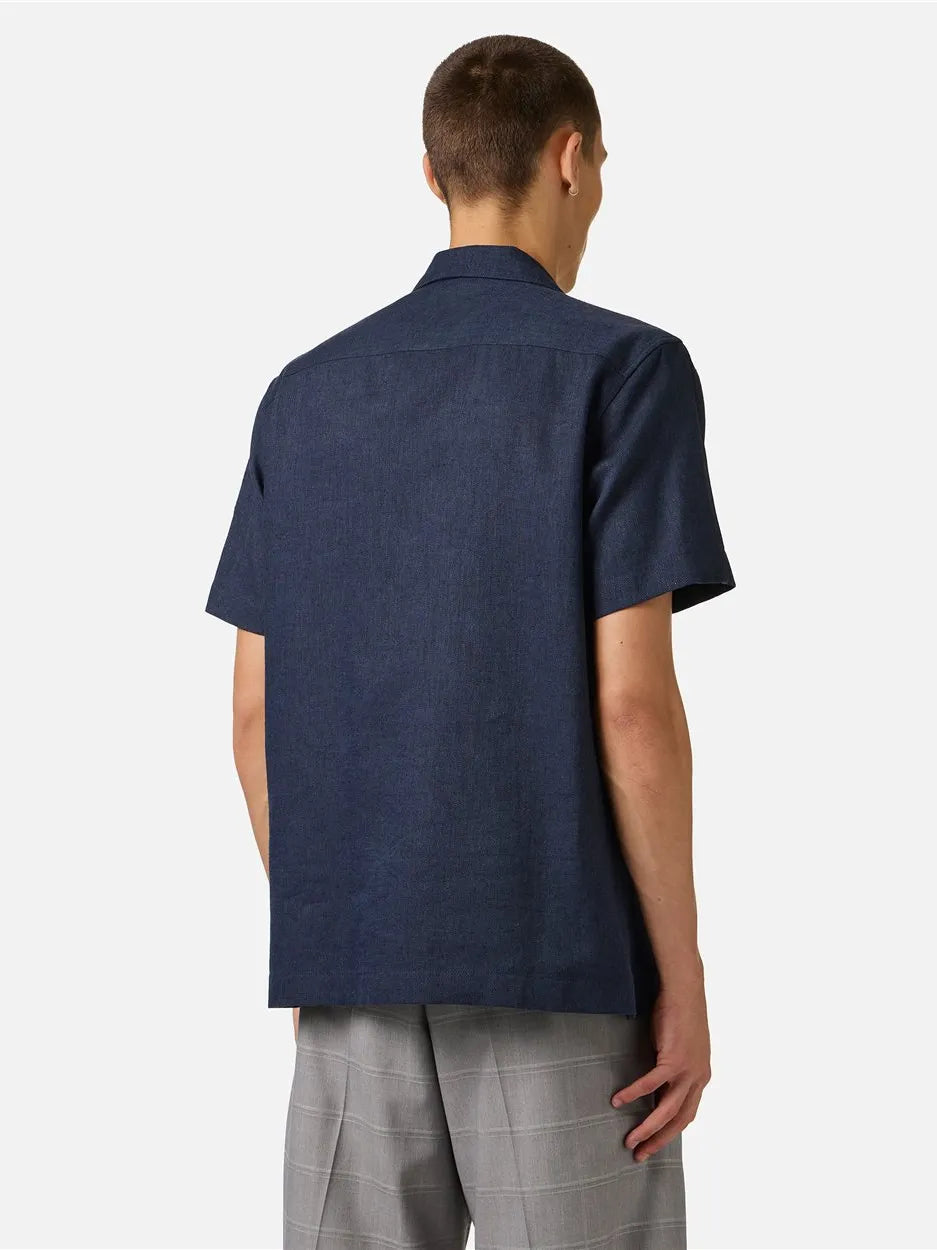 ICEBERG Regular Fit Dark Blue Short-Sleeved In A Diagonal Weave Linen-Blend Fabric