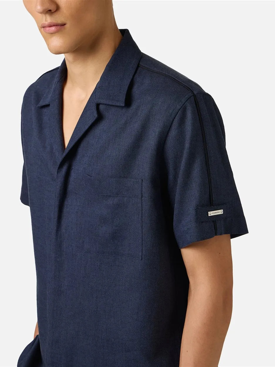 ICEBERG Regular Fit Dark Blue Short-Sleeved In A Diagonal Weave Linen-Blend Fabric