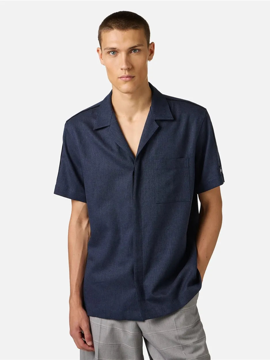 ICEBERG Regular Fit Dark Blue Short-Sleeved In A Diagonal Weave Linen-Blend Fabric