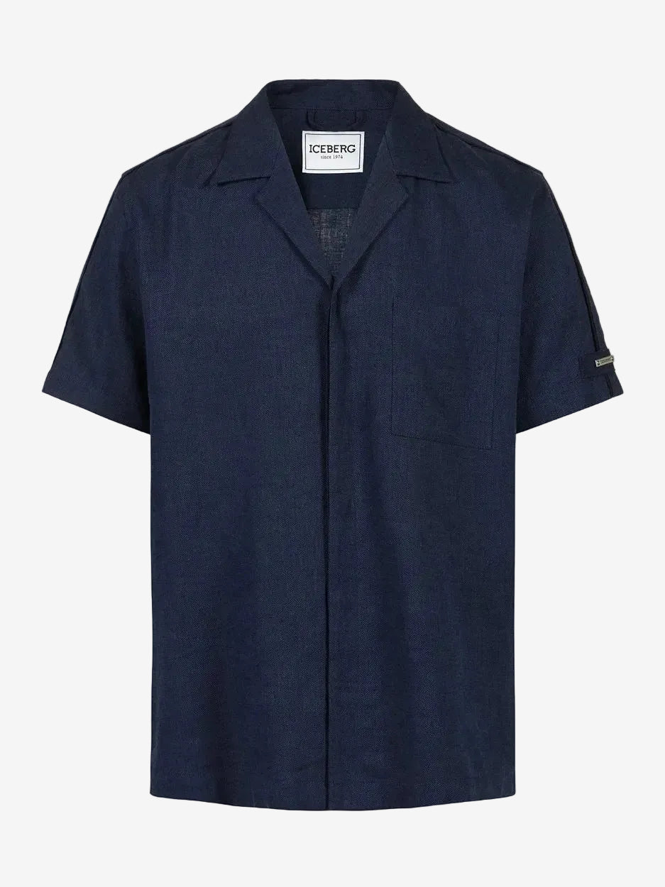 ICEBERG Regular Fit Dark Blue Short-Sleeved In A Diagonal Weave Linen-Blend Fabric