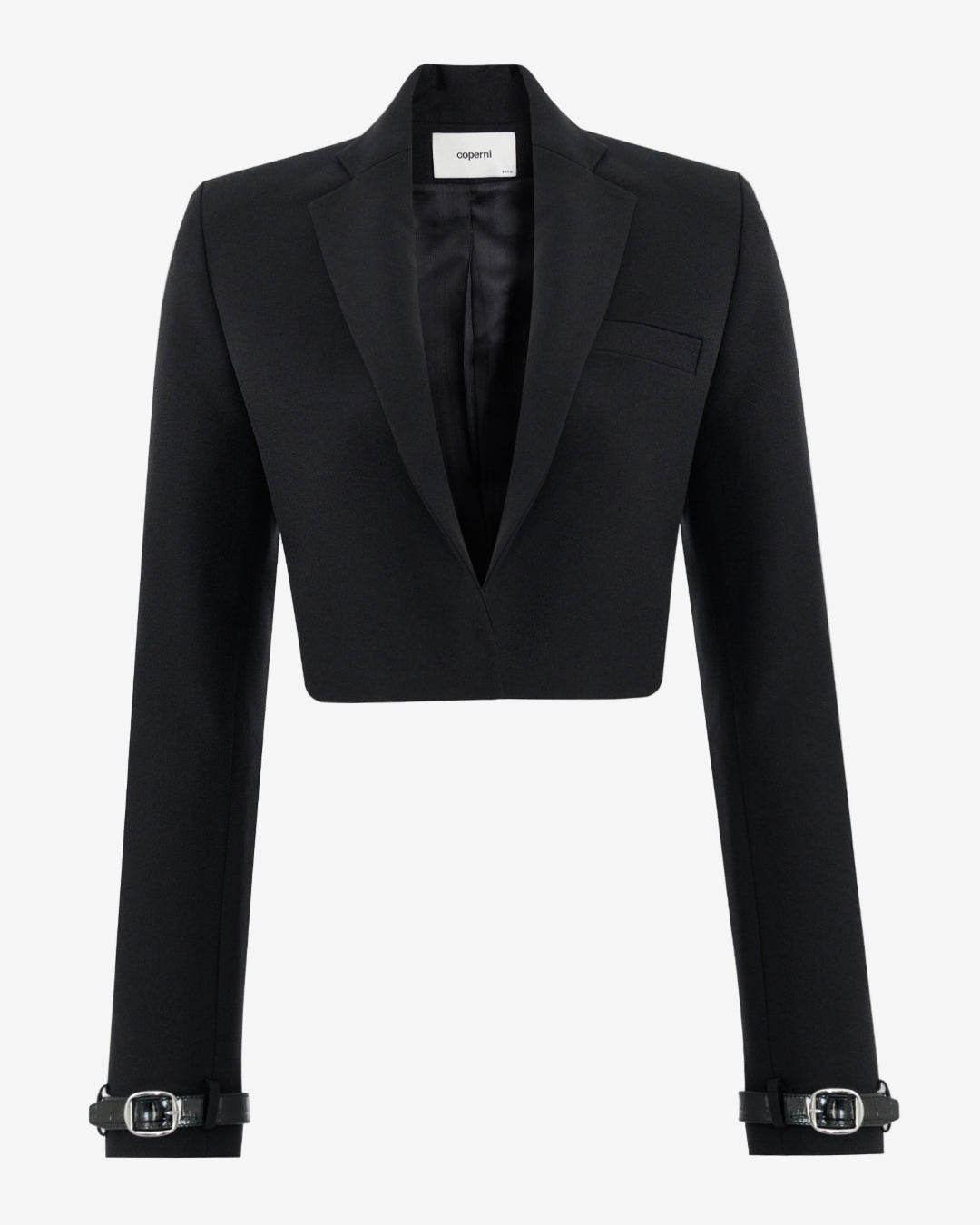 Black cropped blazer with belt on a white background