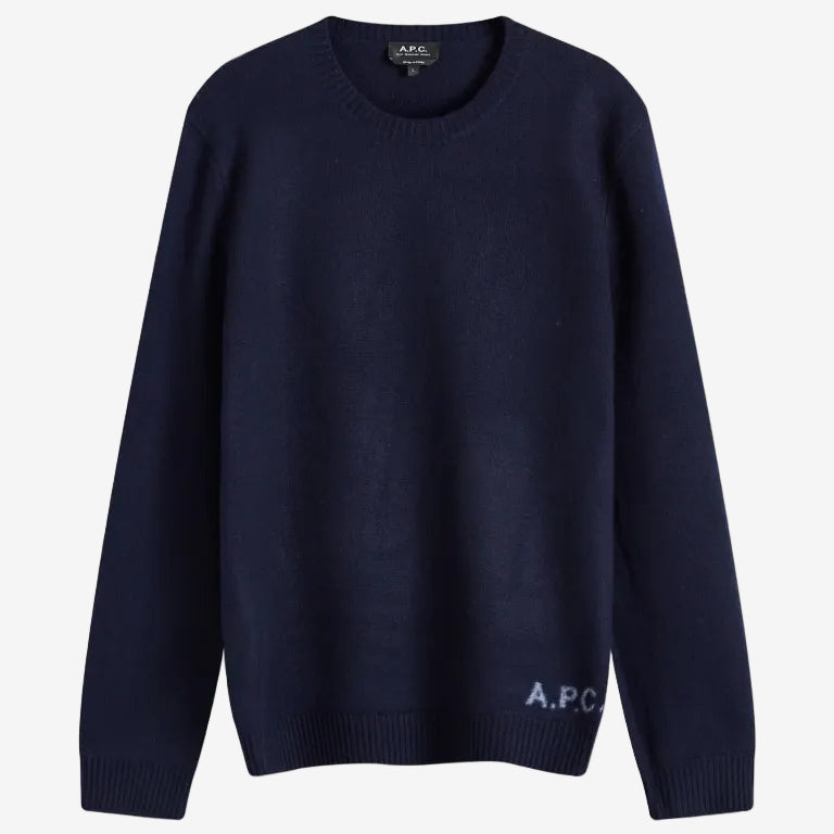 Navy blue sweater with A.P.C. branding on a white background