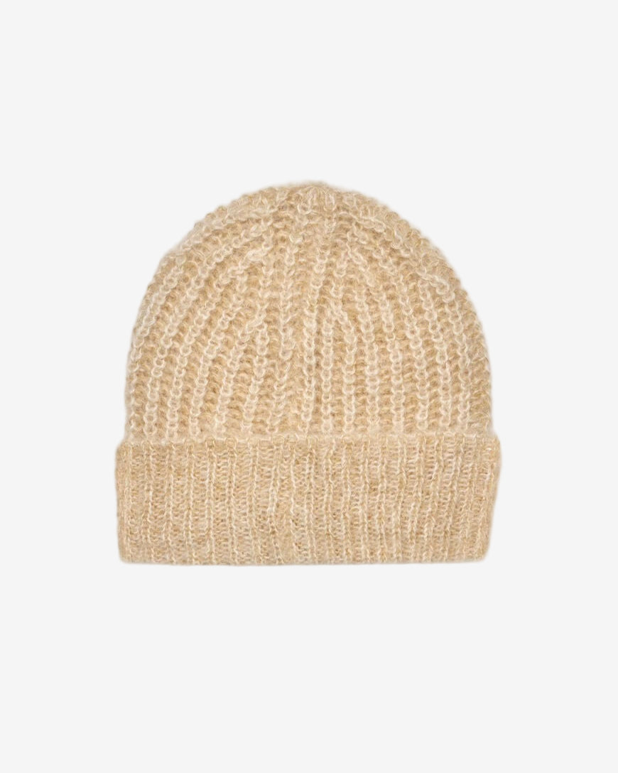 Beige knit beanie on a white background