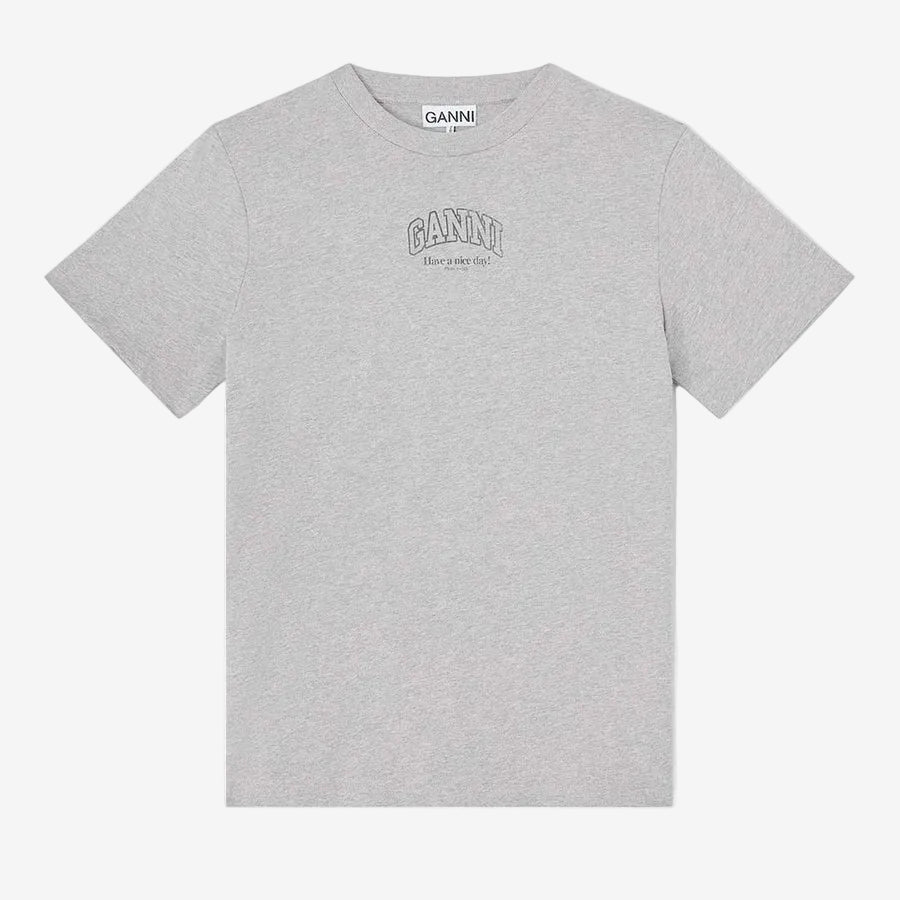 Gray t-shirt with Ganni logo on a white background