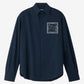 Navy blue shirt with a small graphic on the chest against a white background