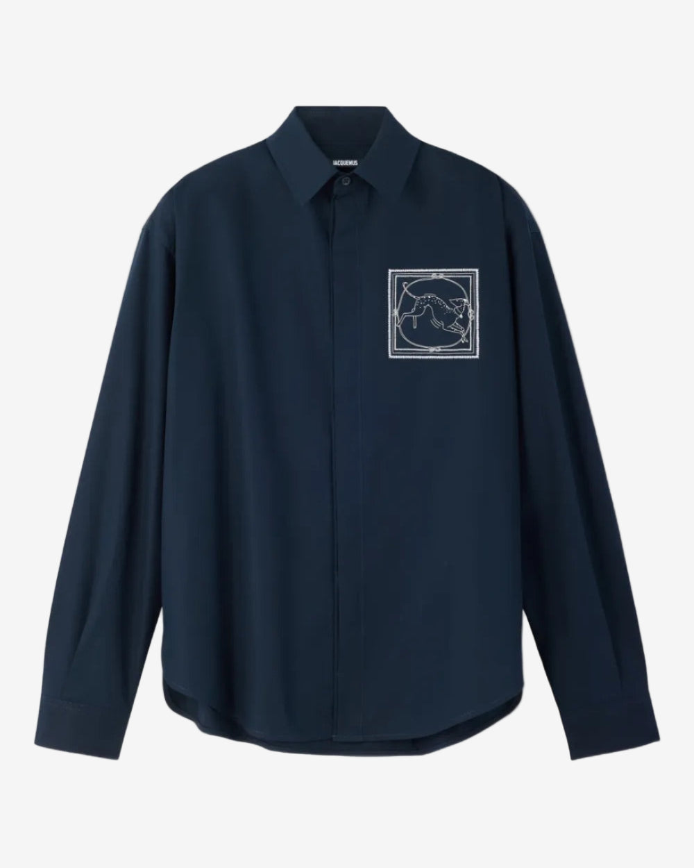 Navy blue shirt with a small graphic on the chest against a white background
