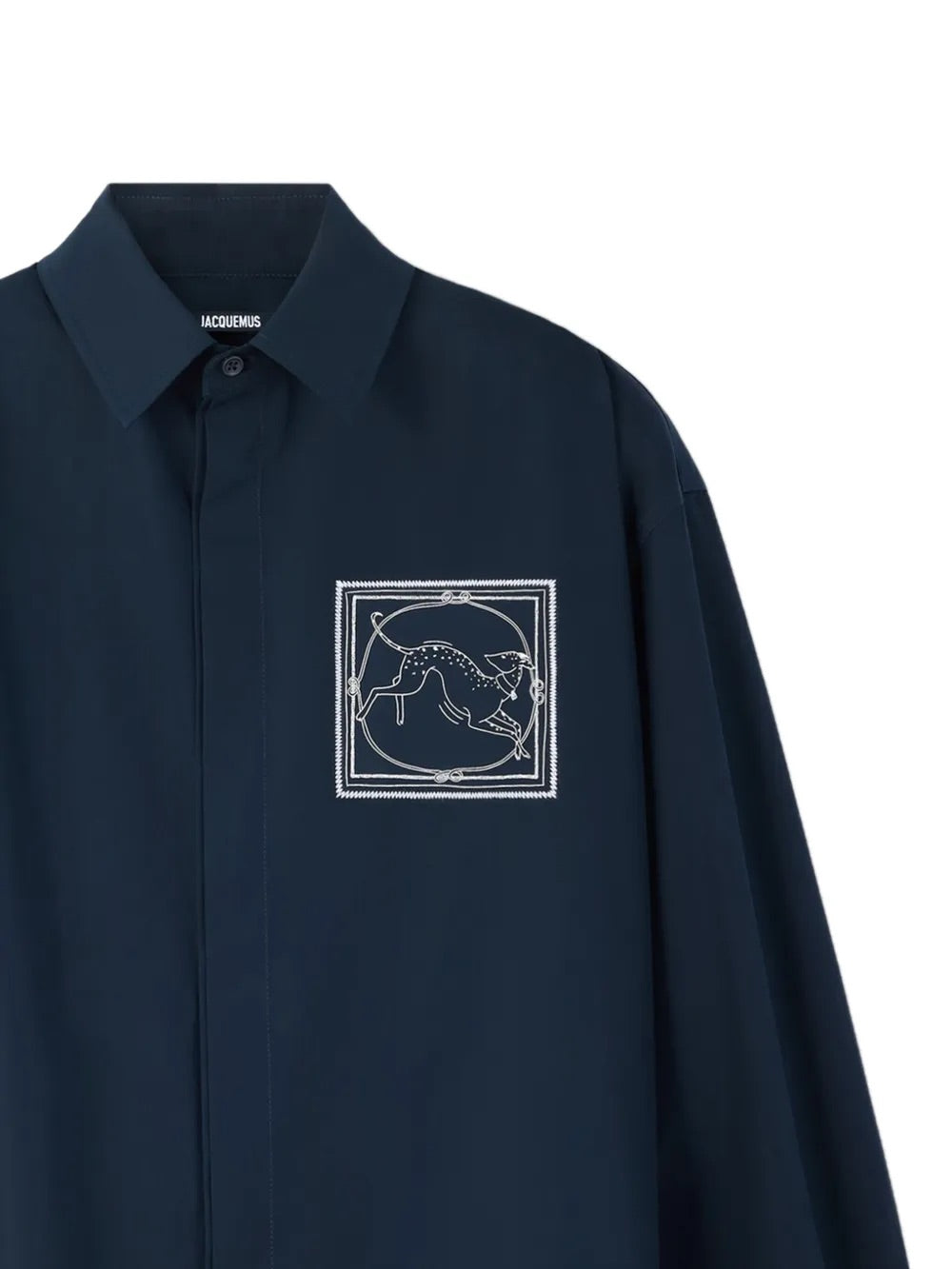 Navy blue shirt with a small graphic on the chest against a white background