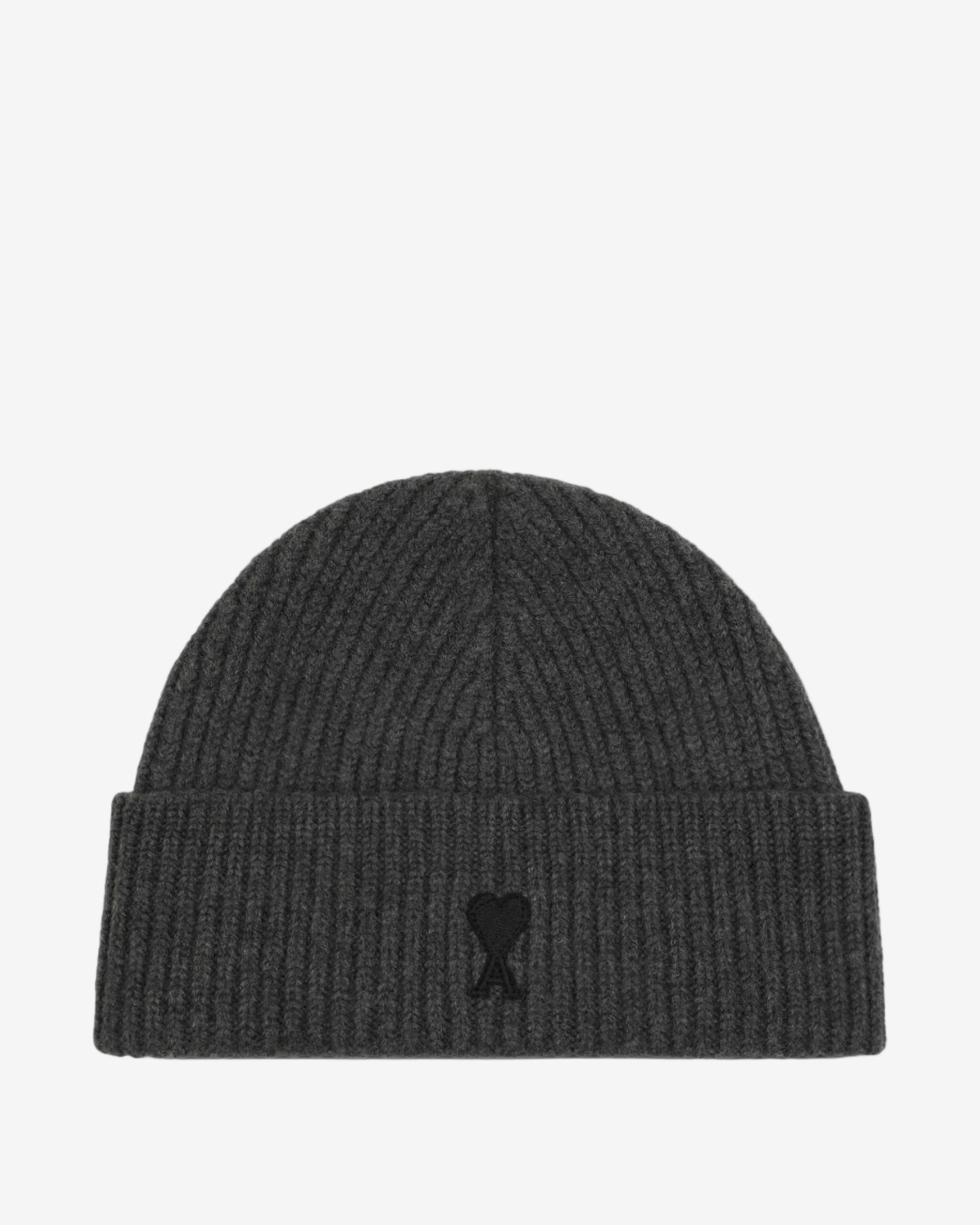Dark gray knit beanie with a black heart logo on a white background