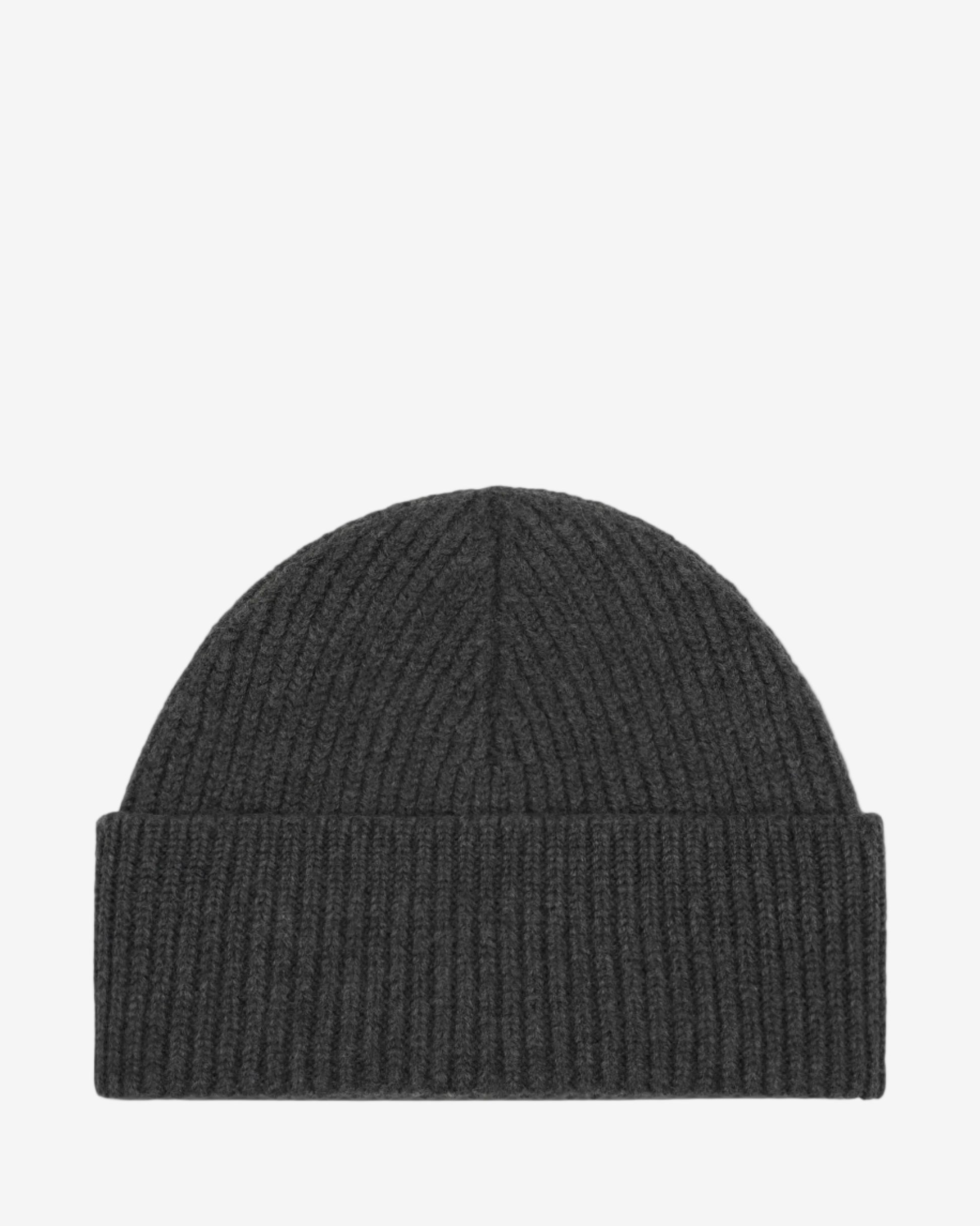 Dark gray knit beanie on a white background