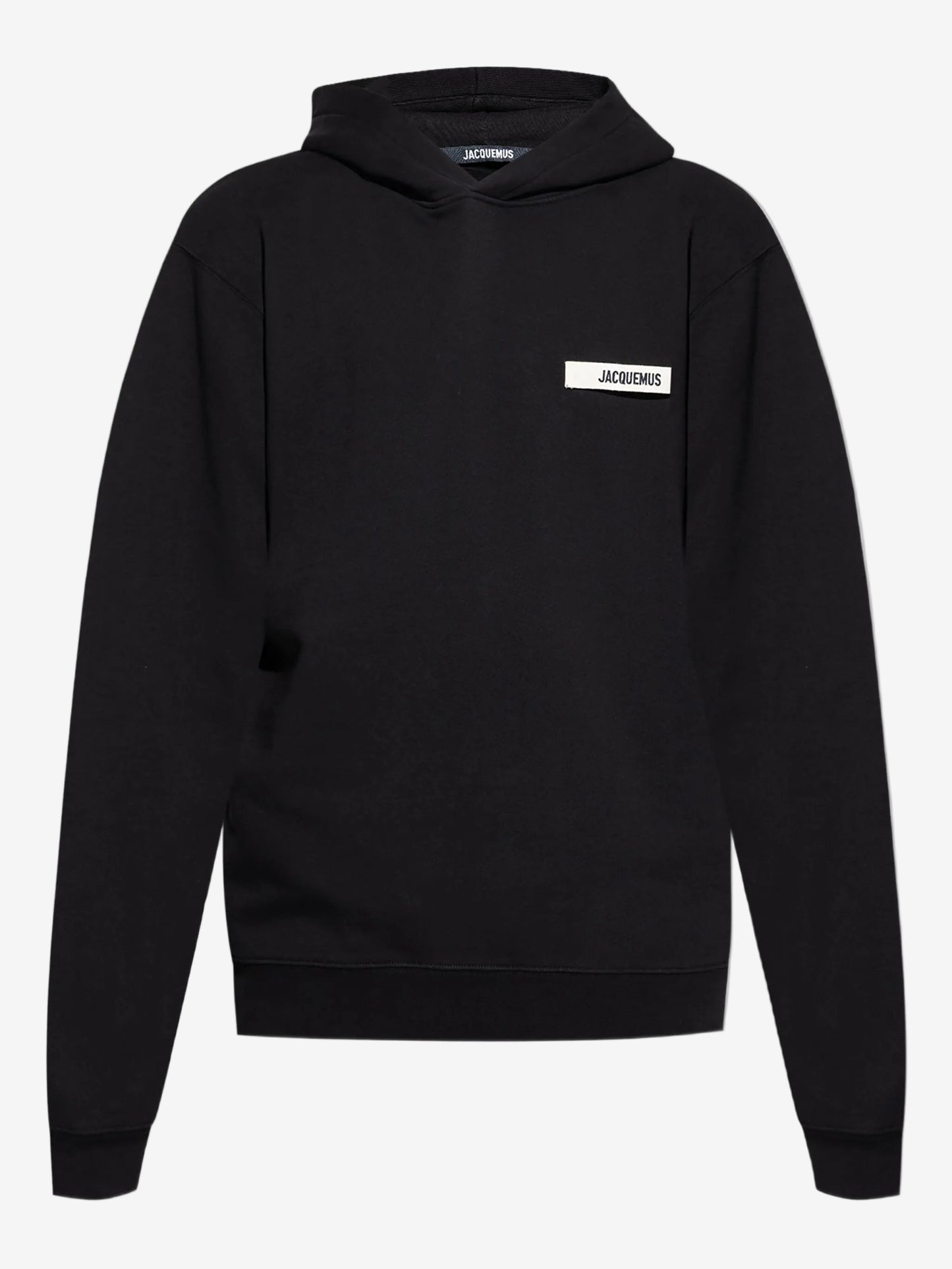 Black hoodie with a small logo on the chest against a white background