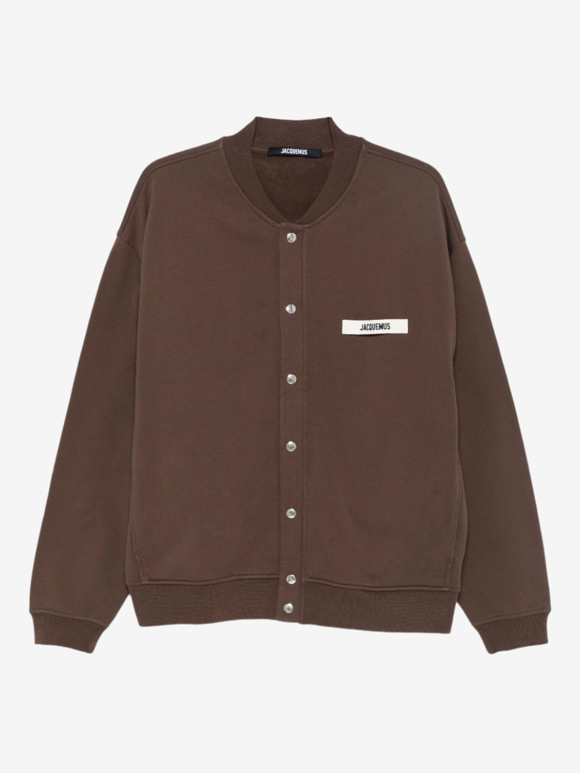 Brown jacket with a visible brand label on a white background