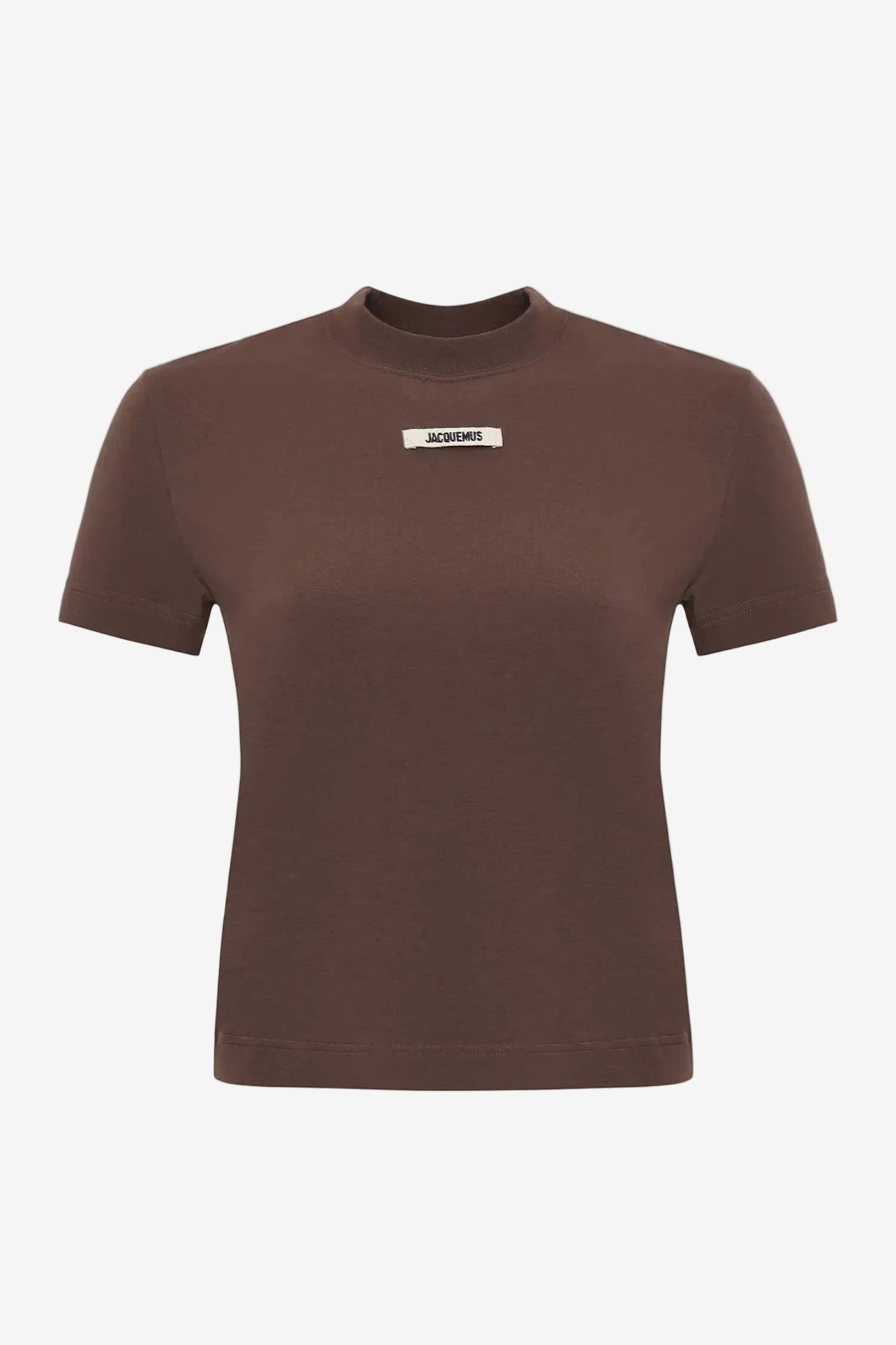 Brown t-shirt with a small logo on a white background