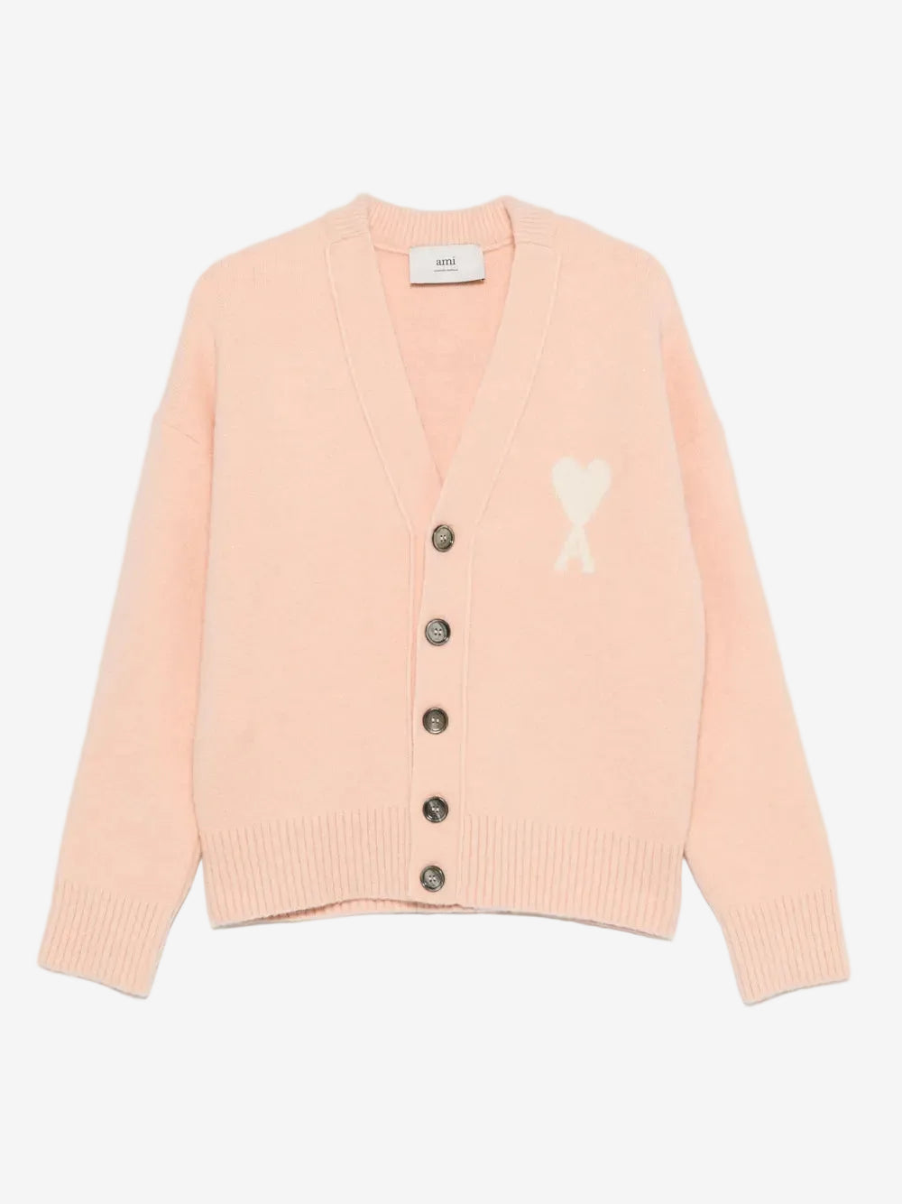 Pink cardigan with button details and a bow design on a white background ami paris