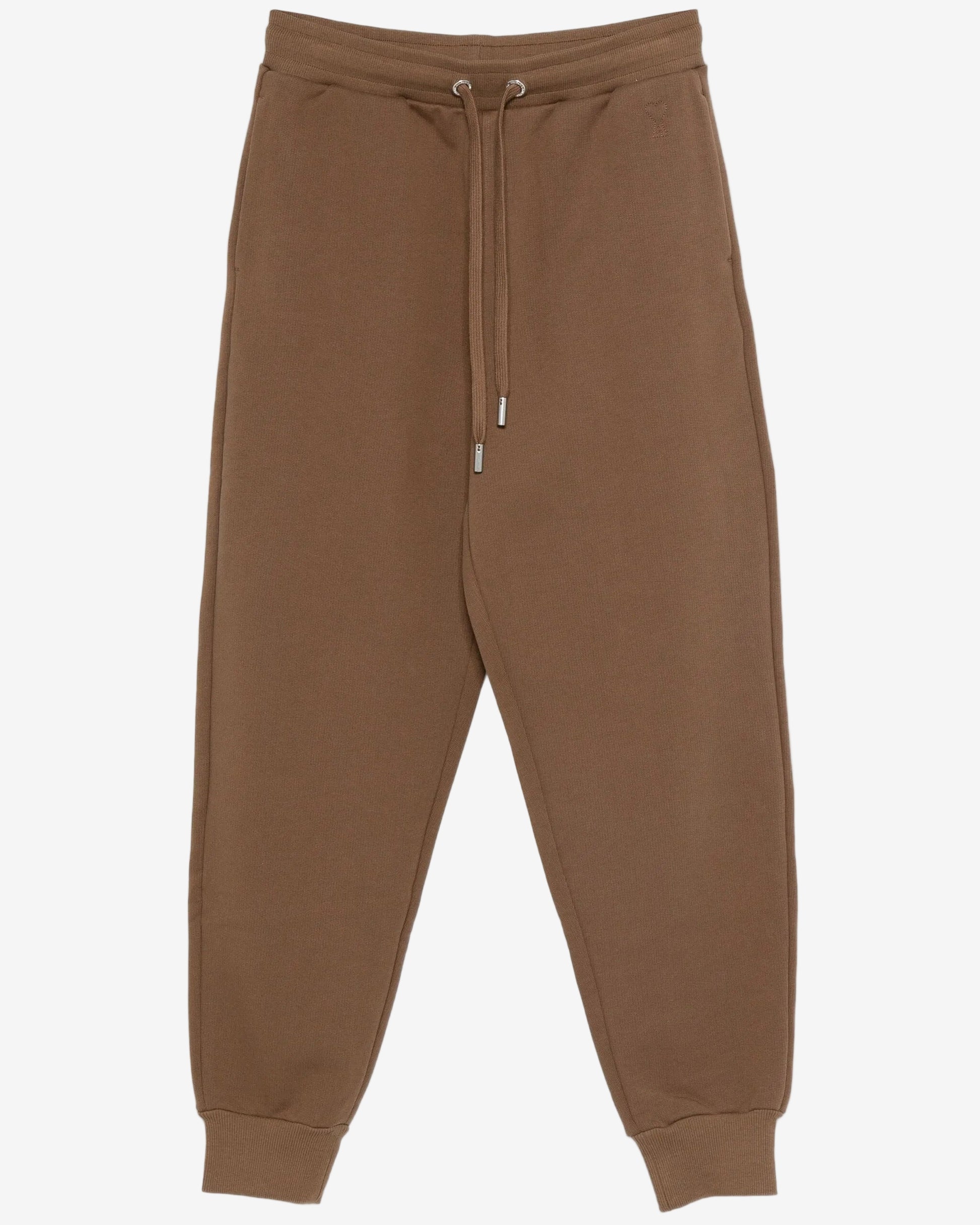 Brown sweatpants with a drawstring on a white background